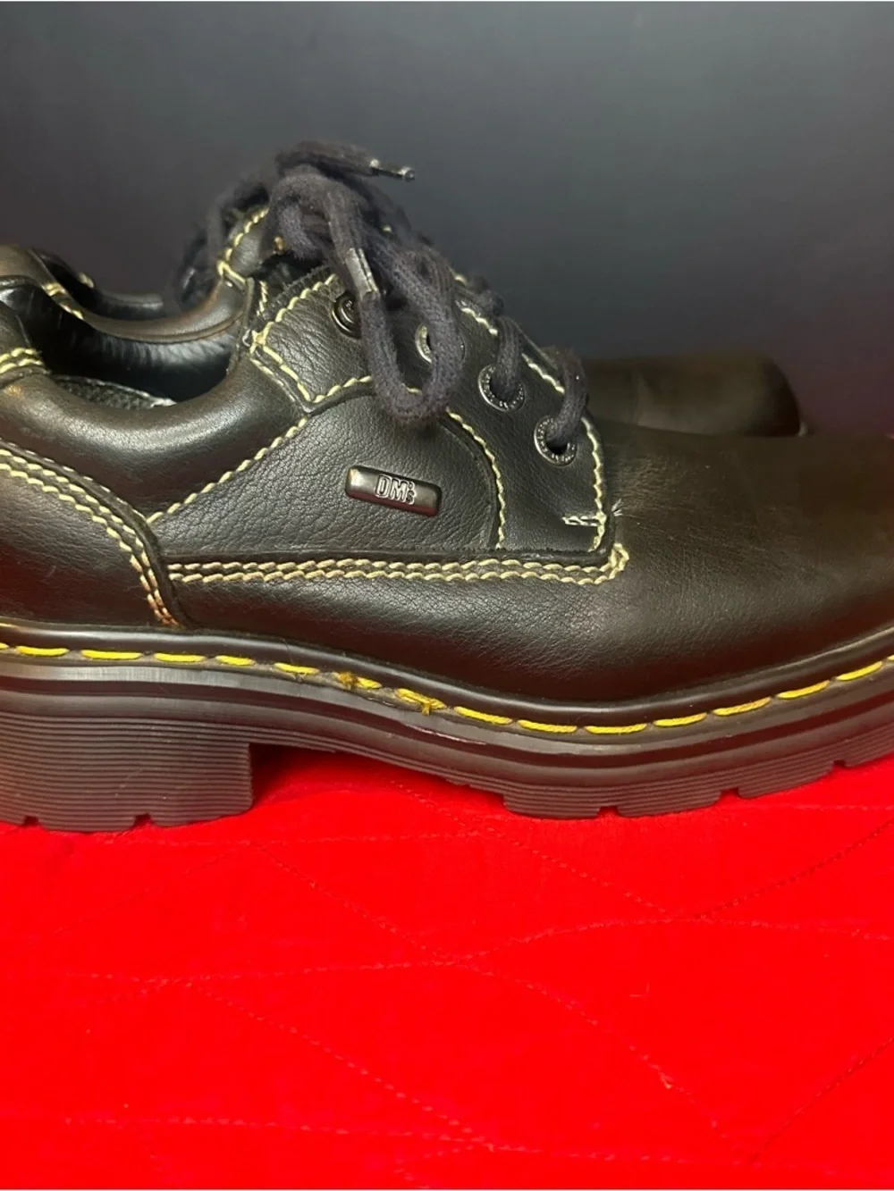 Vintage Dr. Martens Black Leather Shoes with Yellow Stitching